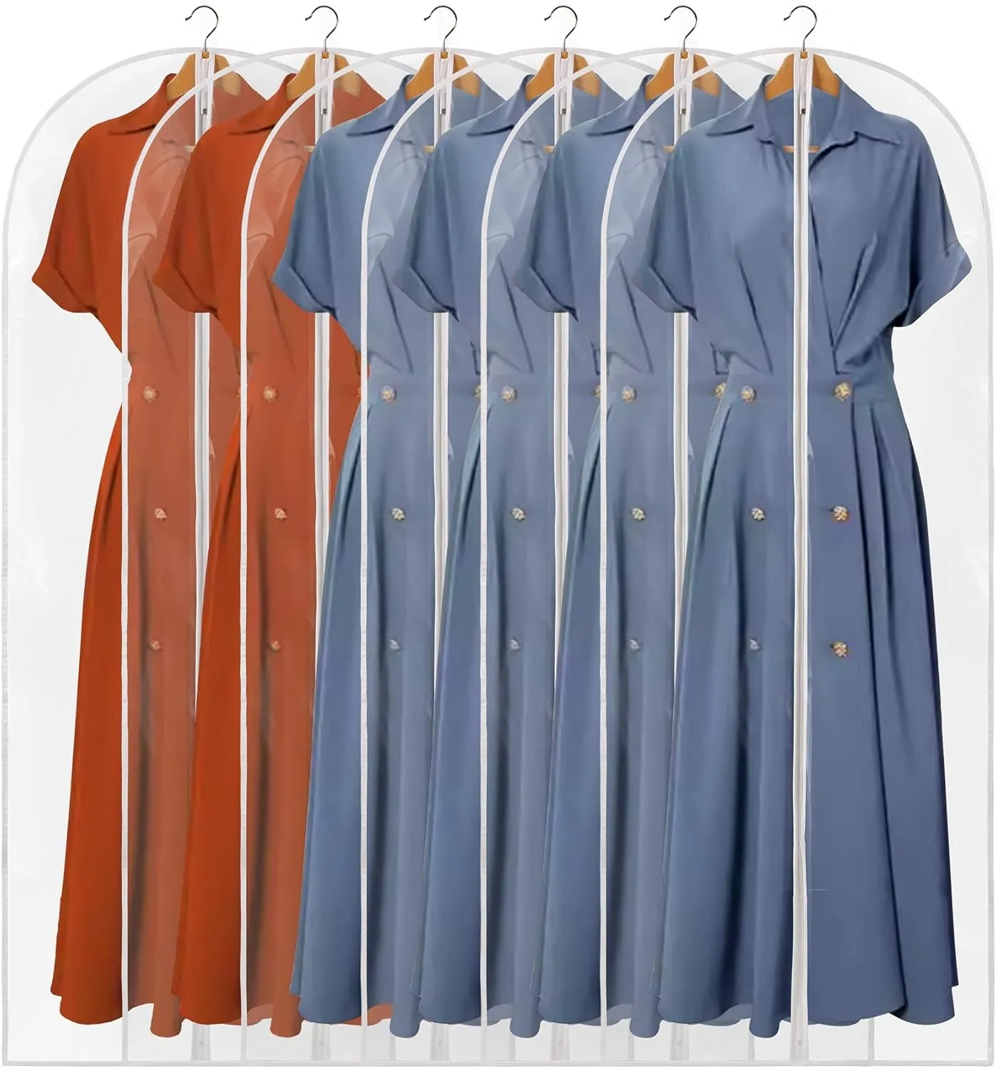 60" Dress Bags for Gowns, 6 Packs All Clear Garment Bags for Hanging Clothes, Plastic Waterproof Dress Cover with Zipper for Dresses, Coats, Uniforms (Set of 6)