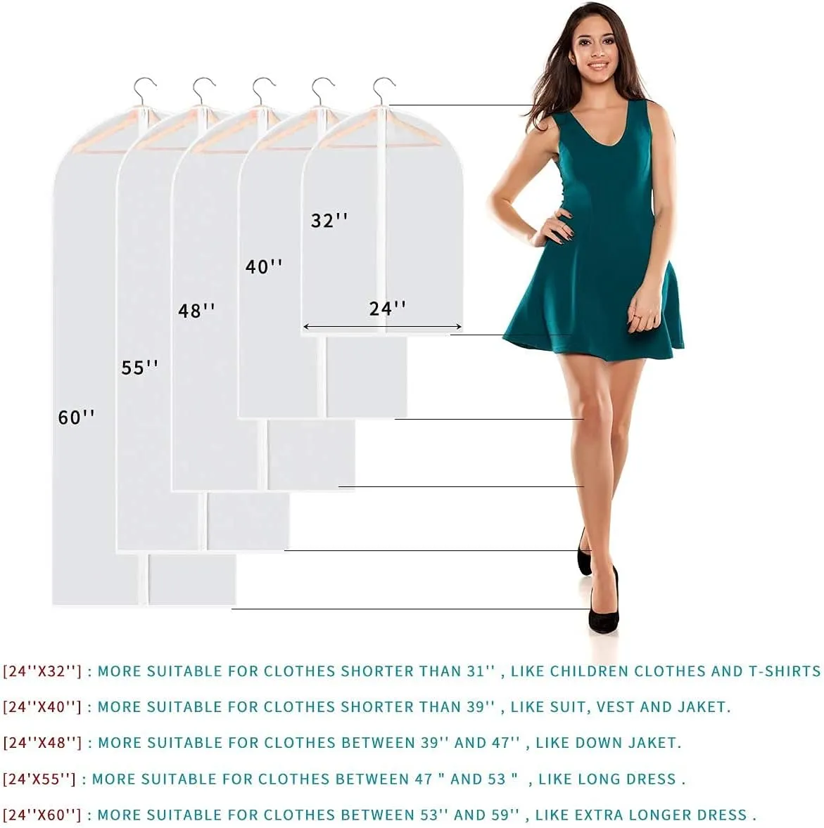 60" Dress Bags for Gowns, 8 Packs Garment Bags for Hanging Clothes, Plastic Waterproof Dress Cover with Zipper for Dresses, Coats, Uniforms (Set of 8)