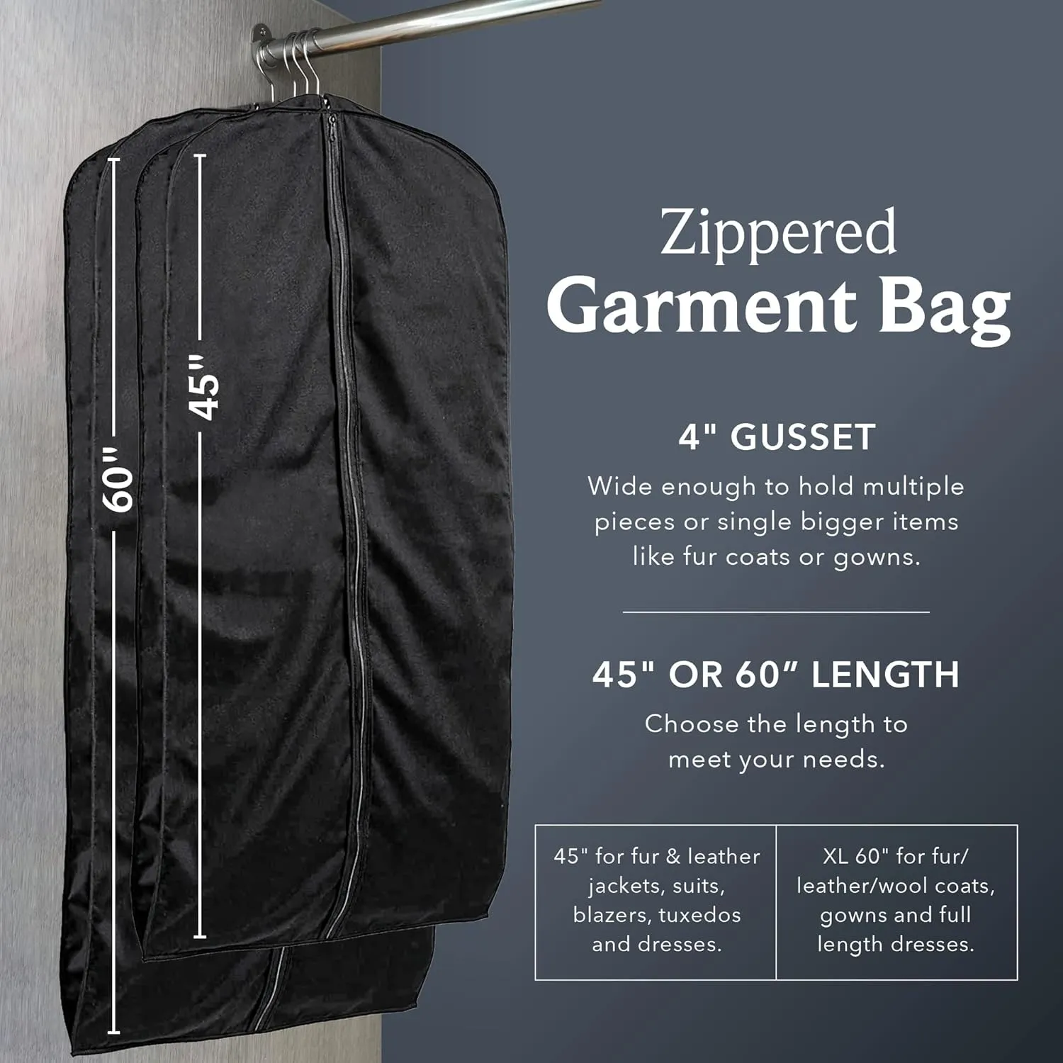 60" Luxury Fur Coat Cotton Blend Cloth Garment Bags for Travel & Hanging Clothes (Black) - Suit Covers Garment Bag for Men & Women Dress Bag - Closet Storage Suit Bag, Dress Bags, Coat Storage