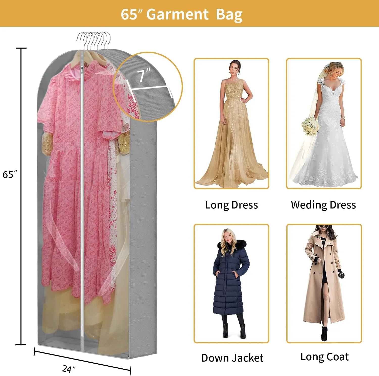 65'' Dress Bags for Gowns Long, 7" Guessted Clear Garment Bags for Hanging Clothes, Dress Garment Bag, Dress Cover With Clear Window for Dresses