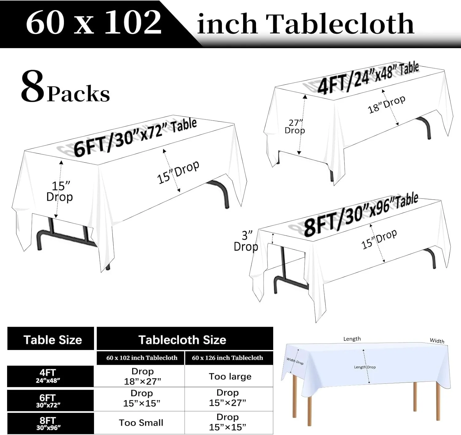 8 Packs White Table Cloth Rectangle 60x102 Inch for 6 Foot Rectangle Tables, Wrinkle Resistant Polyester Fabric Tablecloth Washable Rectangular Table Covers for Dining Wedding Party Buffet