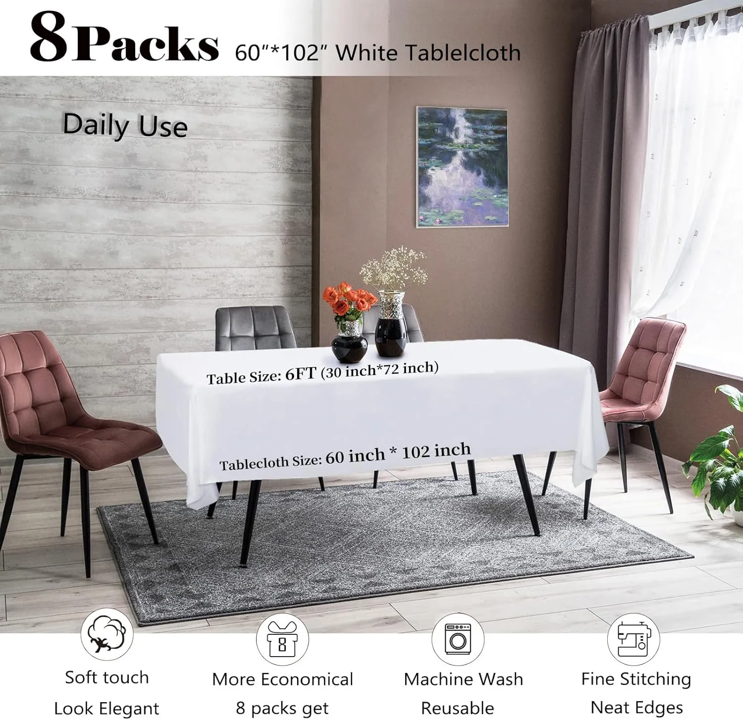 8 Packs White Table Cloth Rectangle 60x102 Inch for 6 Foot Rectangle Tables, Wrinkle Resistant Polyester Fabric Tablecloth Washable Rectangular Table Covers for Dining Wedding Party Buffet