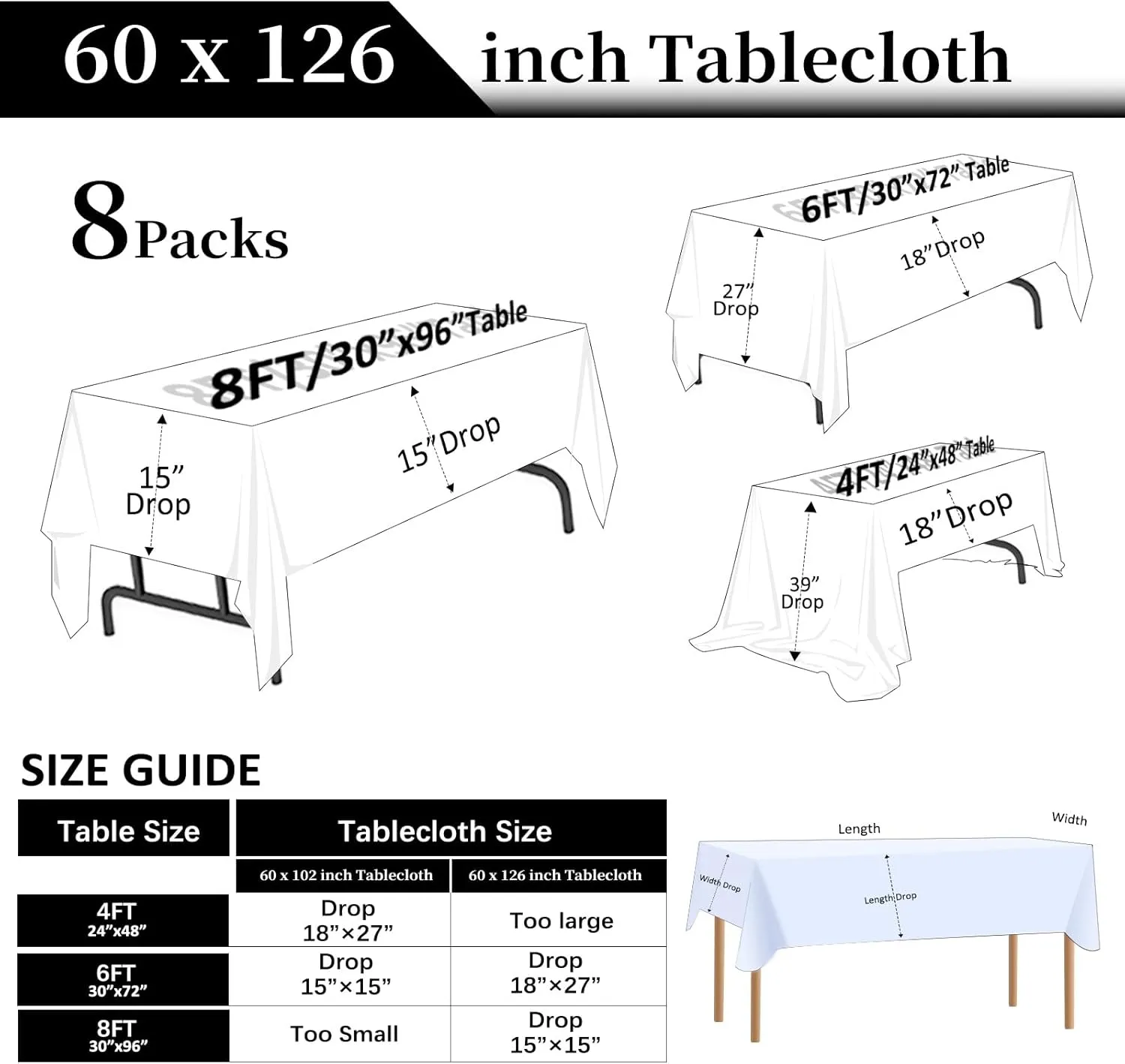 8 Packs White Table Cloth Rectangle 60x126 Inch for 8ft Rectangle Tables, Wrinkle Resistant Polyester Fabric Tablecloth Washable Rectangular Table Covers for Wedding Party Banquet Dining