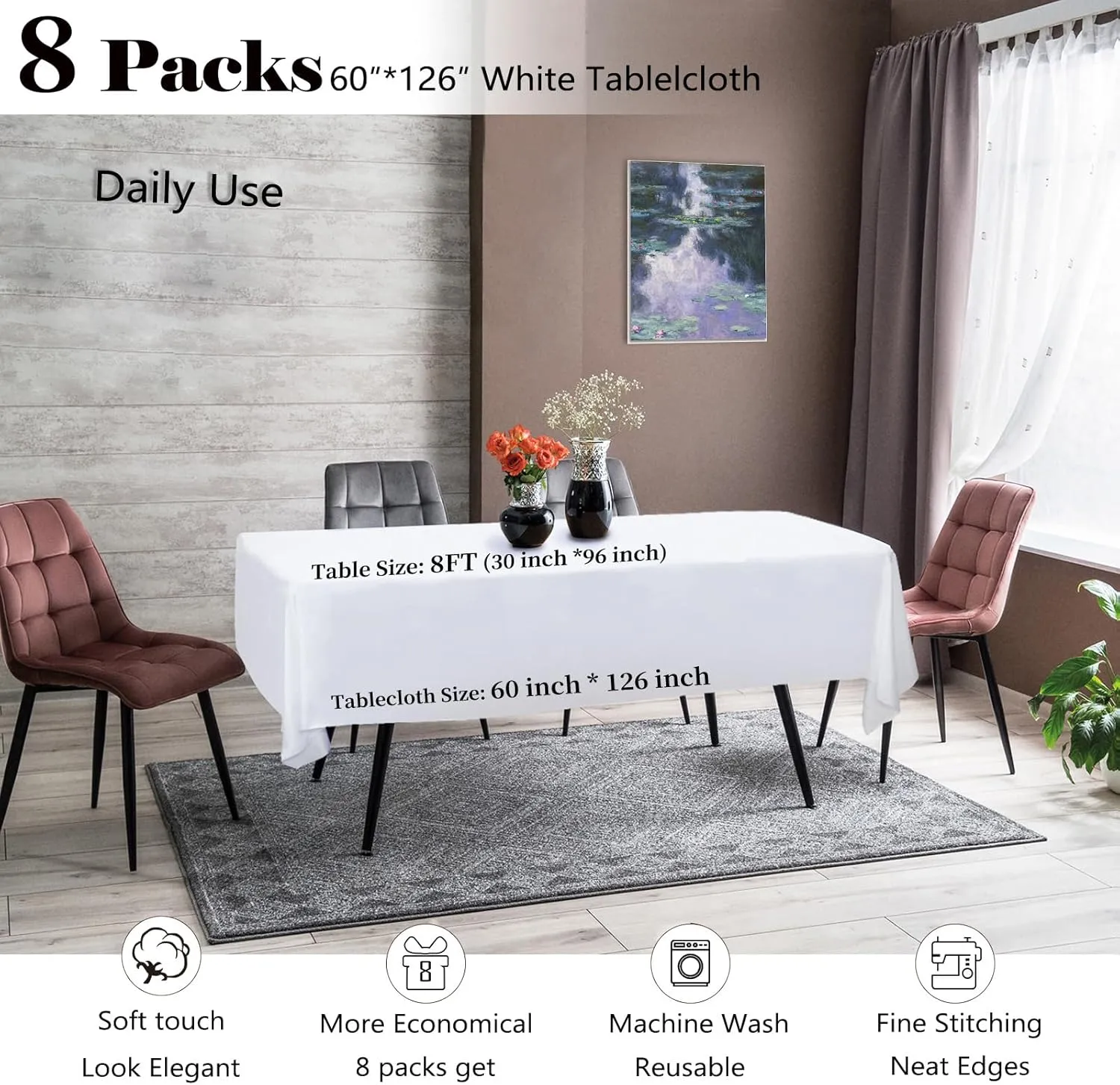 8 Packs White Table Cloth Rectangle 60x126 Inch for 8ft Rectangle Tables, Wrinkle Resistant Polyester Fabric Tablecloth Washable Rectangular Table Covers for Wedding Party Banquet Dining