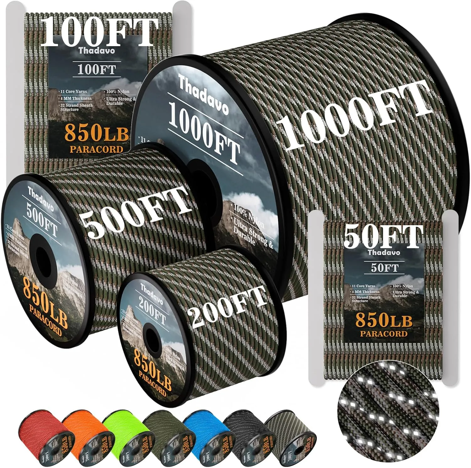 850Ib Reflective ParachuteRope, 50/100/200/500/1000ft 4MM 11 Strand Cords, Survival Paracord Rope Tie Down for Crafting, Tent, Camping, Clotheline, Hiking, Fishing, Camo Green 200FT