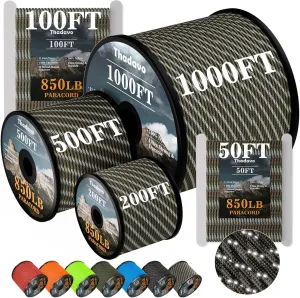 850Ib Reflective ParachuteRope, 50/100/200/500/1000ft 4MM 11 Strand Cords, Survival Paracord Rope Tie Down for Crafting, Tent, Camping, Clotheline, Hiking, Fishing, Camo Green 200FT