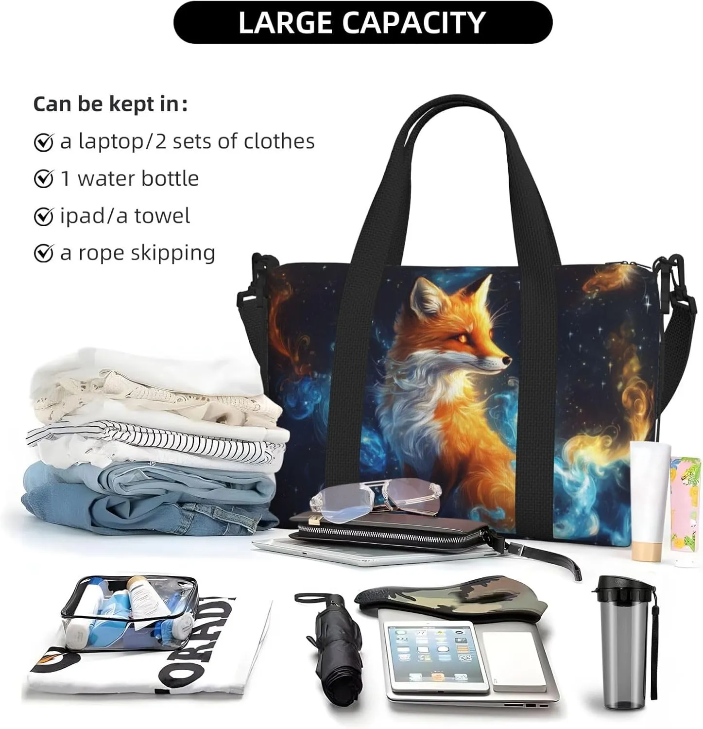 A beautiful orange fox print Travel Duffel Bag, Sports Tote Gym Bag, Swim Pool Bag Large Shoulder Tote Bag for Beach Weekender