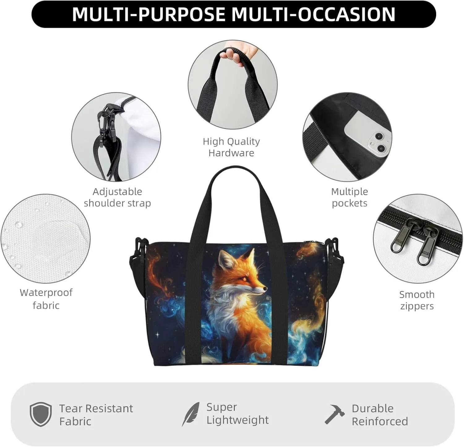 A beautiful orange fox print Travel Duffel Bag, Sports Tote Gym Bag, Swim Pool Bag Large Shoulder Tote Bag for Beach Weekender