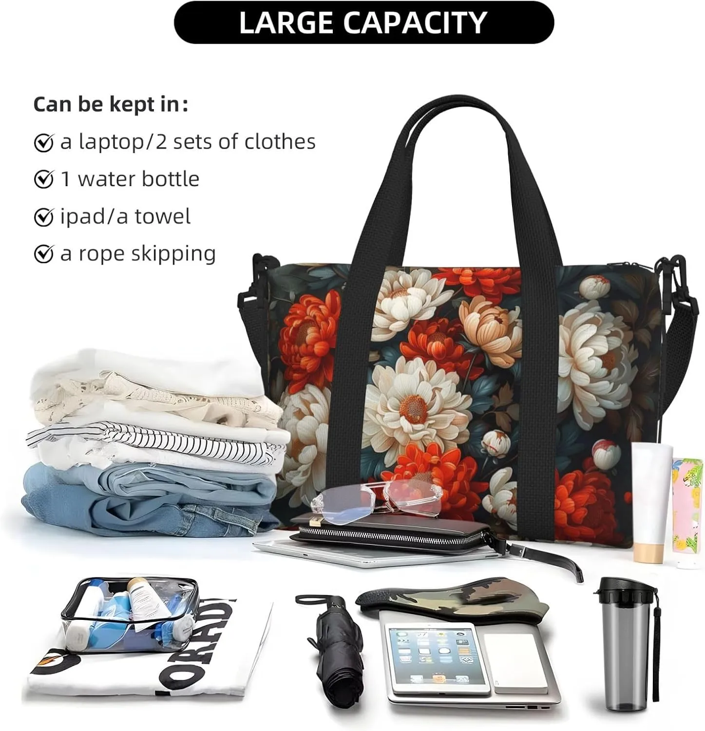 A cluster of flowers print Travel Duffel Bag, Sports Tote Gym Bag, Swim Pool Bag Large Shoulder Tote Bag for Beach Weekender