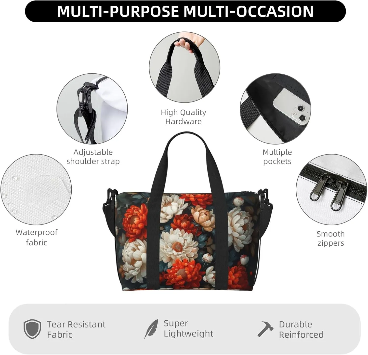 A cluster of flowers print Travel Duffel Bag, Sports Tote Gym Bag, Swim Pool Bag Large Shoulder Tote Bag for Beach Weekender