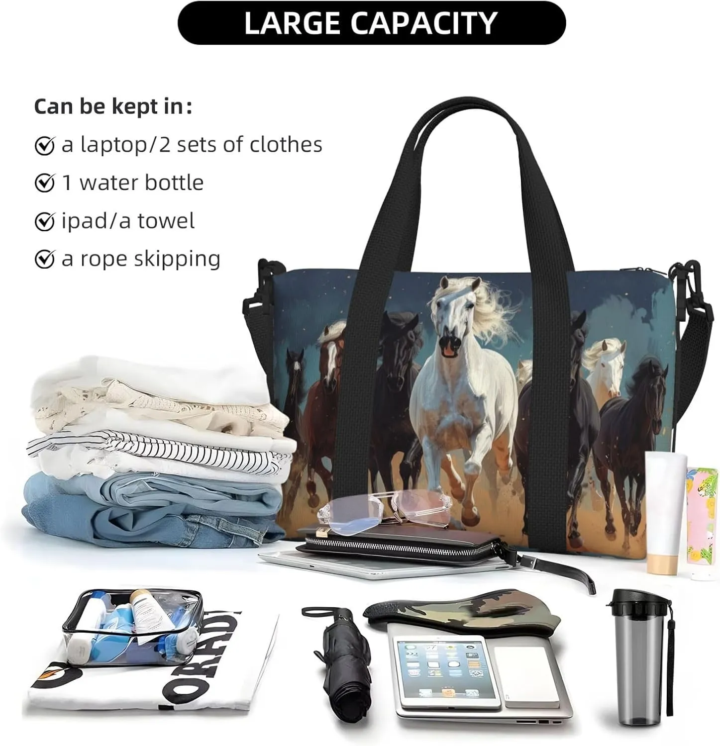 A group of horses print Travel Duffel Bag, Sports Tote Gym Bag, Swim Pool Bag Large Shoulder Tote Bag for Beach Weekender