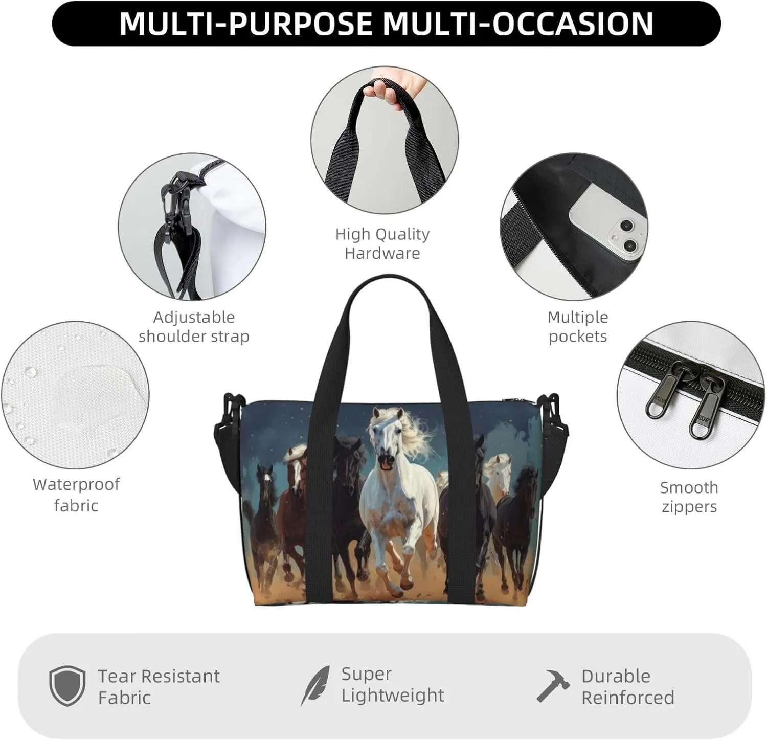 A group of horses print Travel Duffel Bag, Sports Tote Gym Bag, Swim Pool Bag Large Shoulder Tote Bag for Beach Weekender
