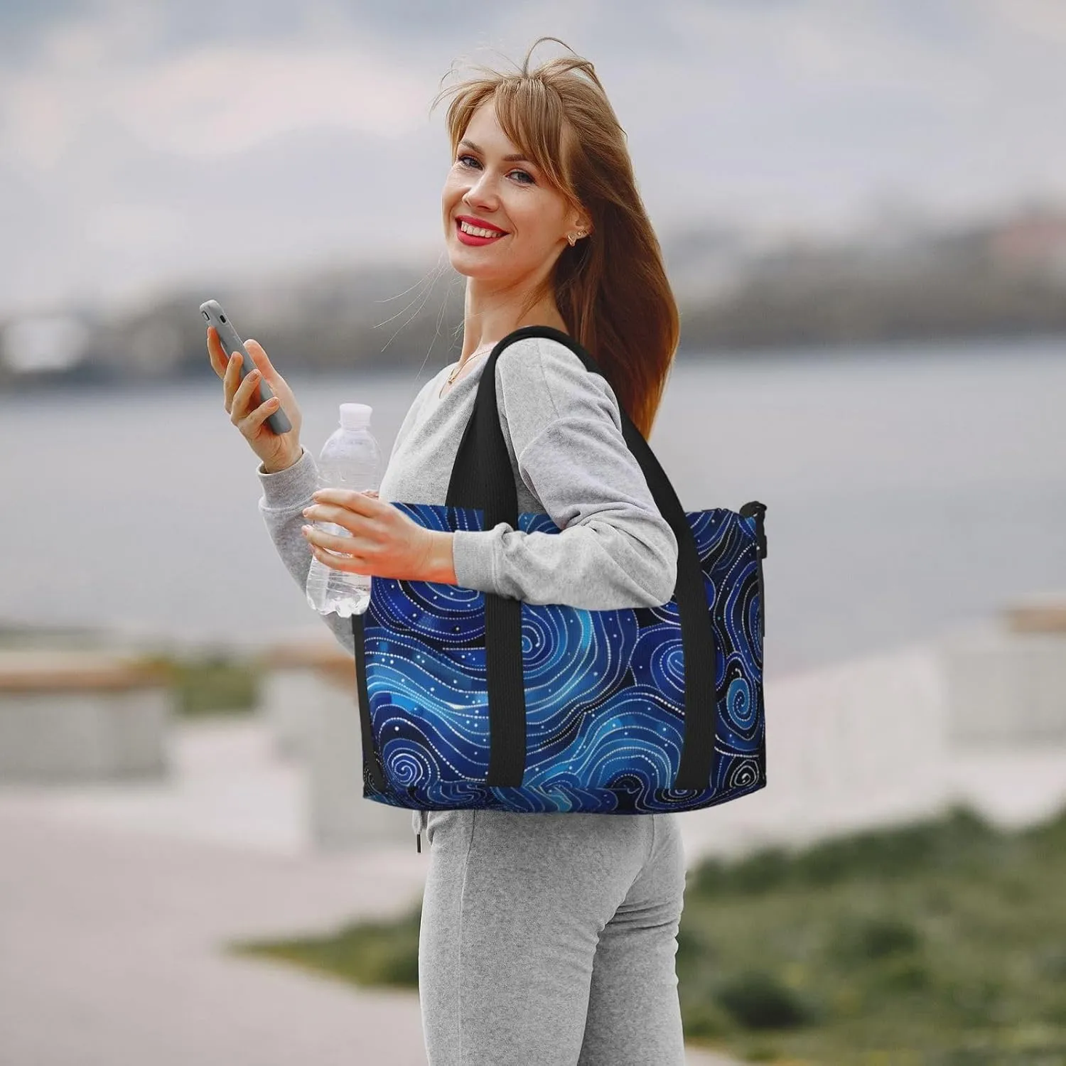 Aboriginal dot swirling blue water print Travel Duffel Bag, Sports Tote Gym Bag, Swim Pool Bag Large Shoulder Tote Bag for Beach Weekender, 202-406-121