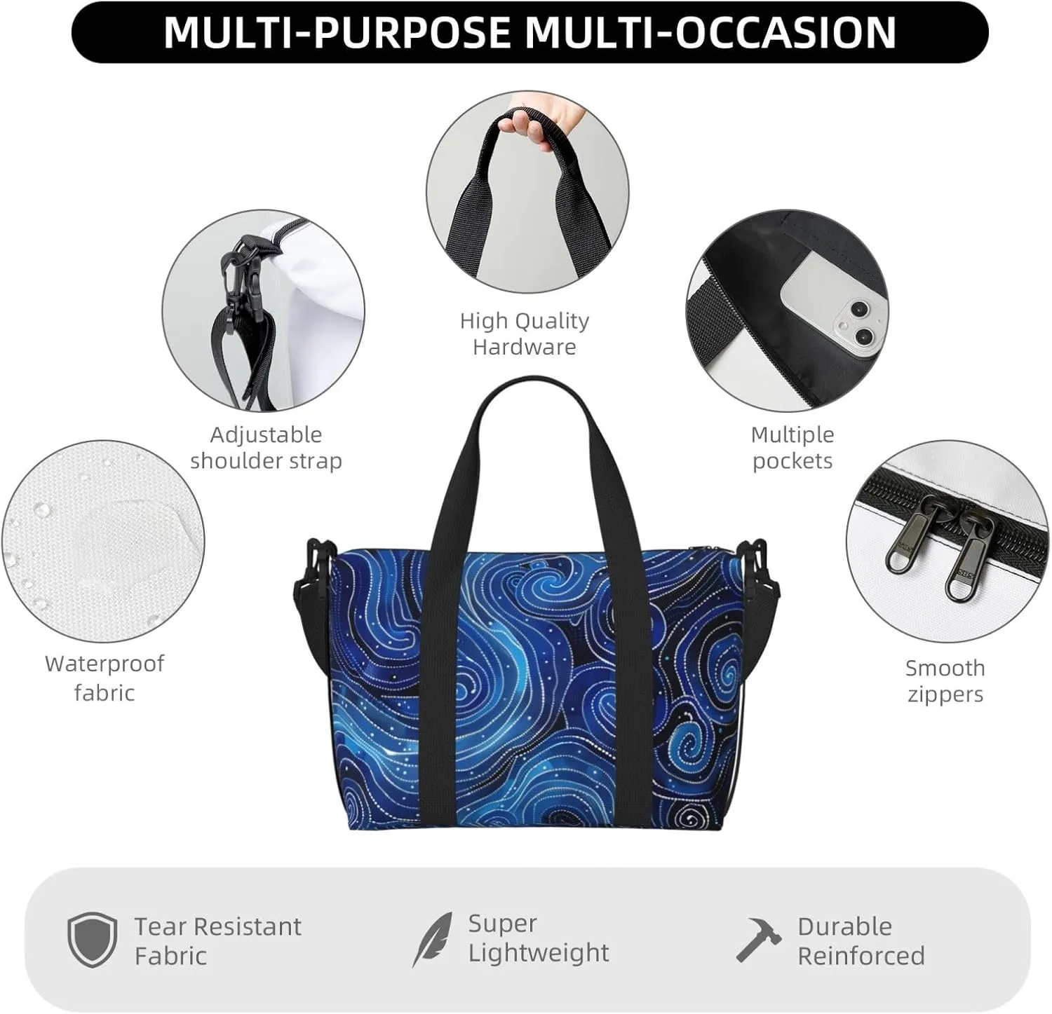 Aboriginal dot swirling blue water print Travel Duffel Bag, Sports Tote Gym Bag, Swim Pool Bag Large Shoulder Tote Bag for Beach Weekender, 202-406-121
