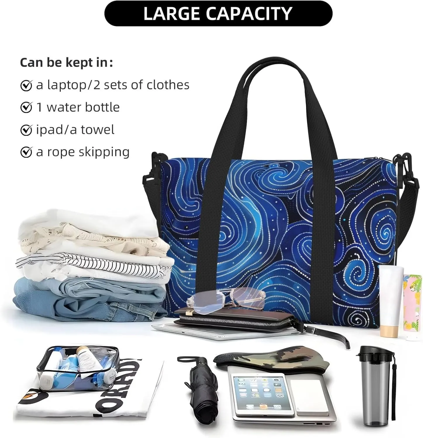Aboriginal dot swirling blue water print Travel Duffel Bag, Sports Tote Gym Bag, Swim Pool Bag Large Shoulder Tote Bag for Beach Weekender, 202-406-121