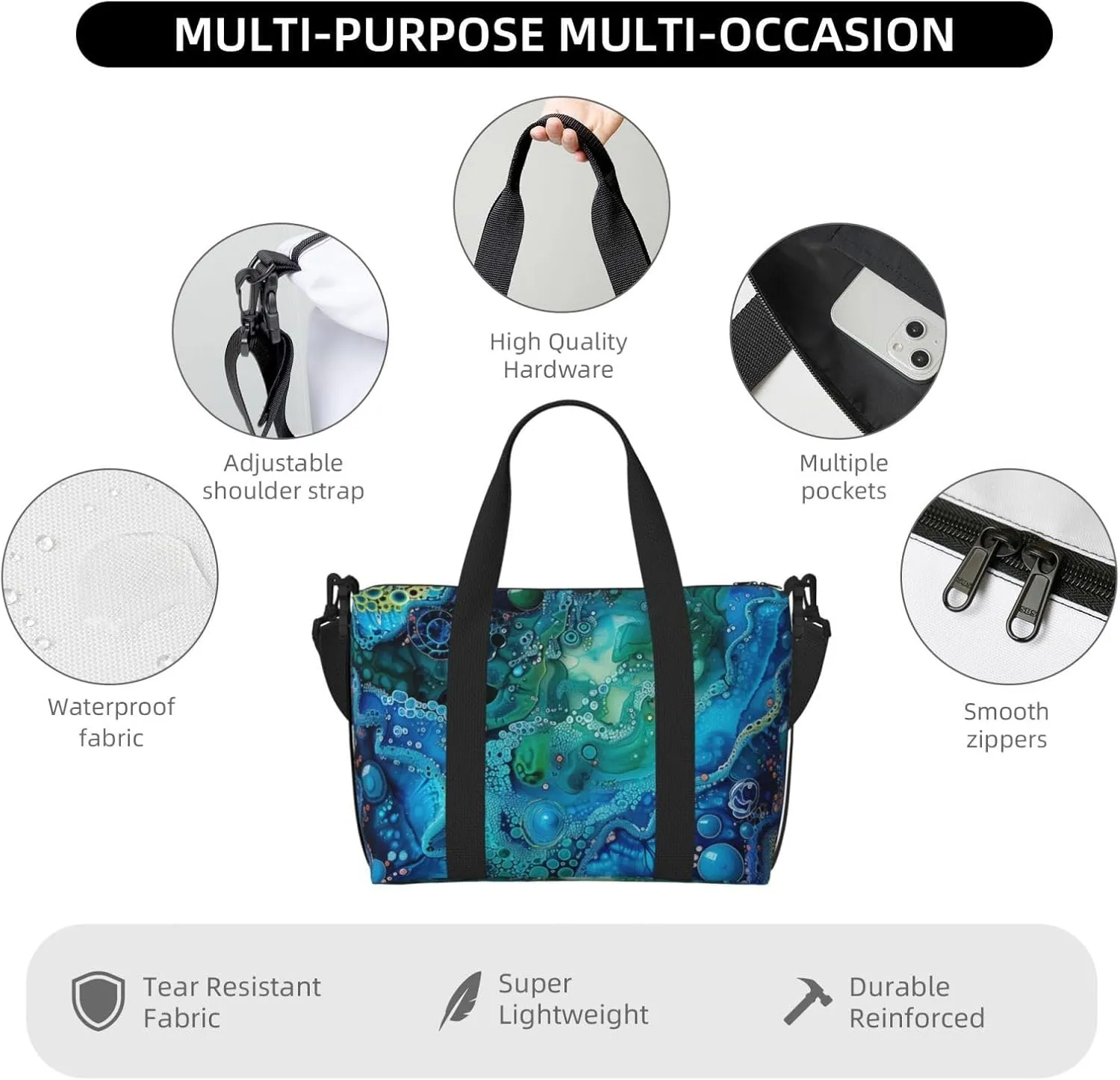 abstract art blue green print Travel Duffel Bag, Sports Tote Gym Bag, Swim Pool Bag Large Shoulder Tote Bag for Beach Weekender, 202-406-121