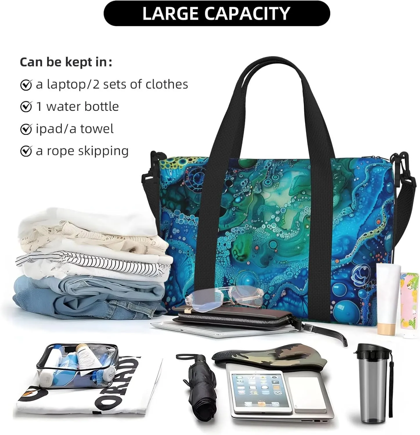 abstract art blue green print Travel Duffel Bag, Sports Tote Gym Bag, Swim Pool Bag Large Shoulder Tote Bag for Beach Weekender, 202-406-121