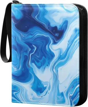 Abstract Blue and White Painting Cards Binder 4 Pocket Fits 400 Cards with 50 Removable Sleevesves, Trading Card Collector Zipper Album Holder Portable Card Games Display Storage Cases