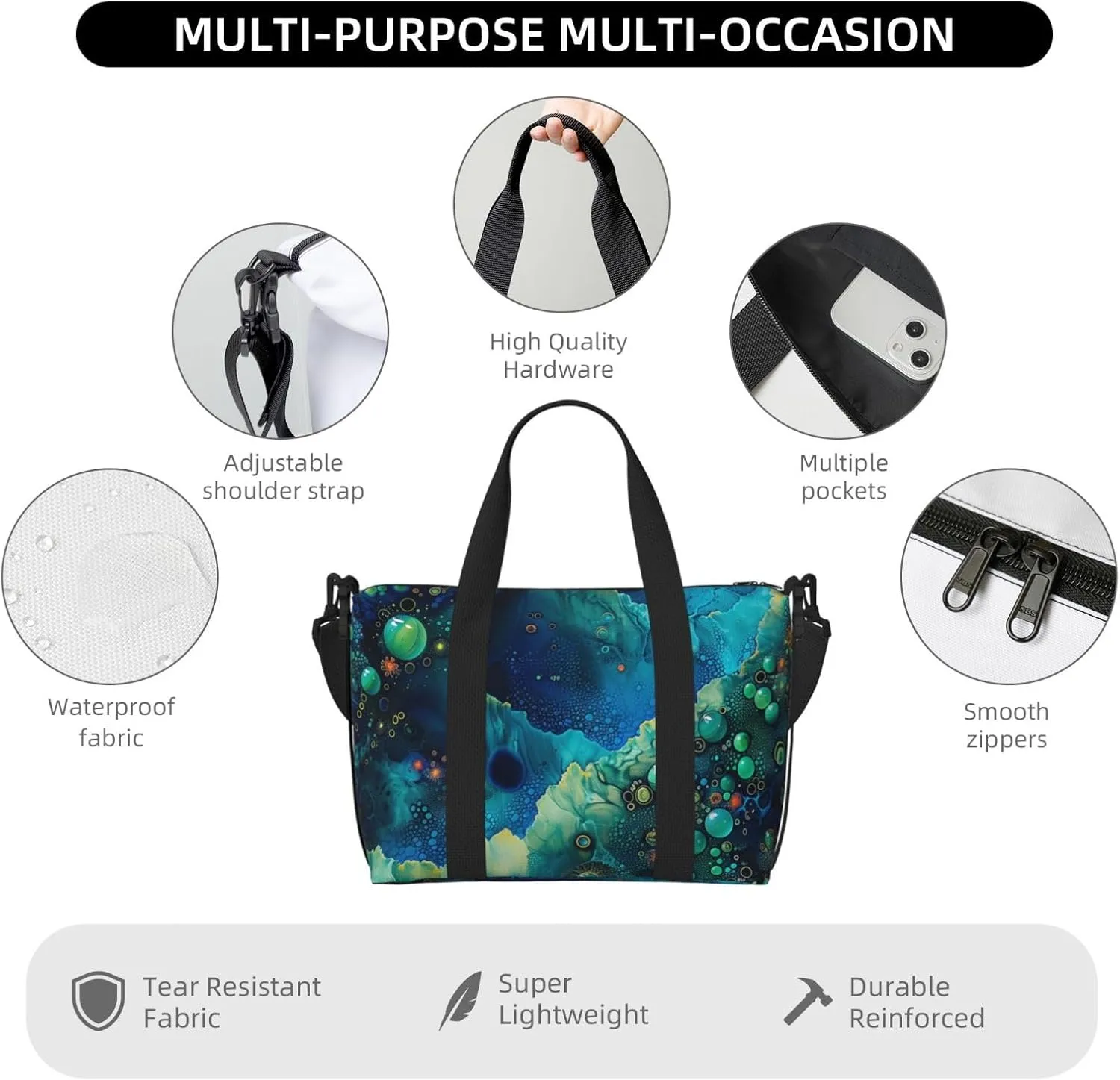 abstract blue green print Travel Duffel Bag, Sports Tote Gym Bag, Swim Pool Bag Large Shoulder Tote Bag for Beach Weekender