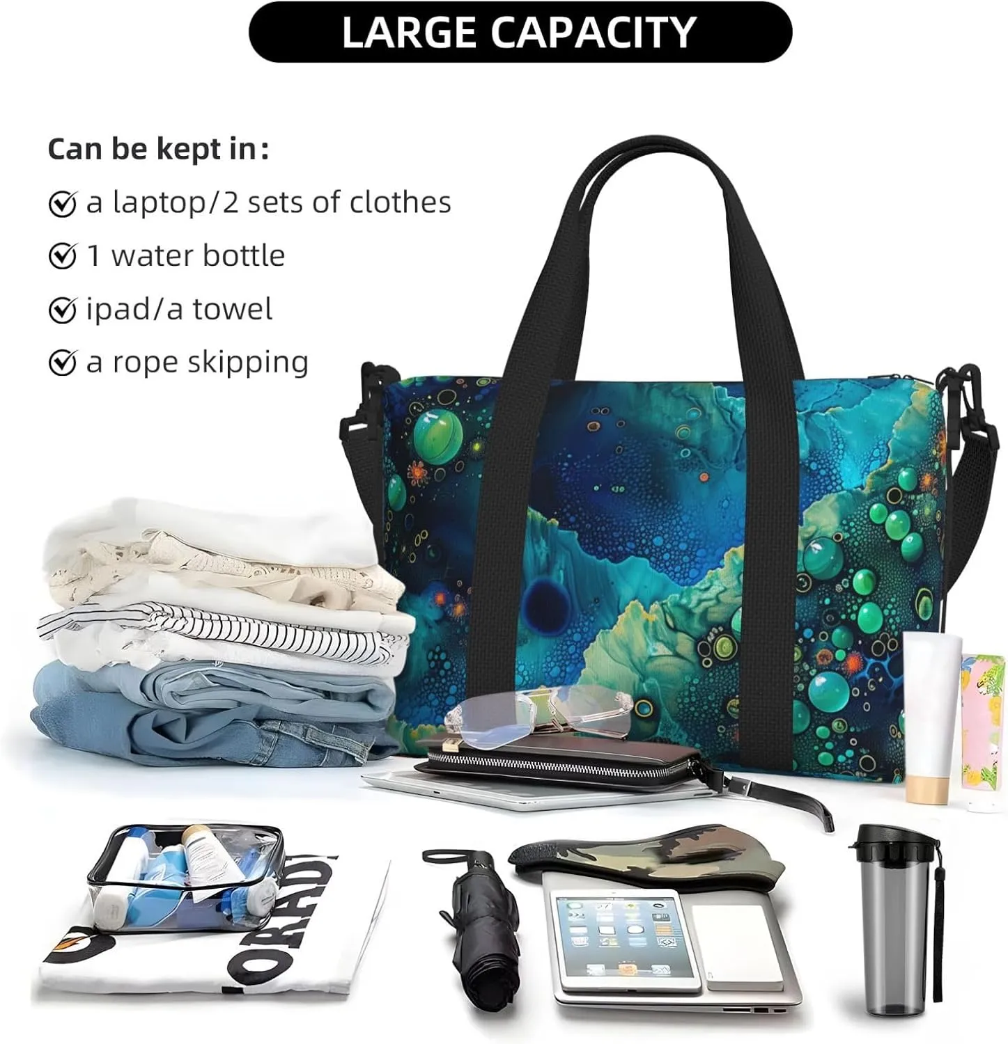 abstract blue green print Travel Duffel Bag, Sports Tote Gym Bag, Swim Pool Bag Large Shoulder Tote Bag for Beach Weekender