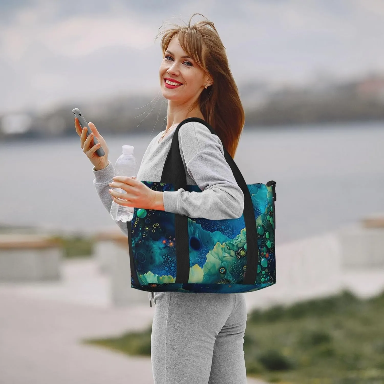 abstract blue green print Travel Duffel Bag, Sports Tote Gym Bag, Swim Pool Bag Large Shoulder Tote Bag for Beach Weekender