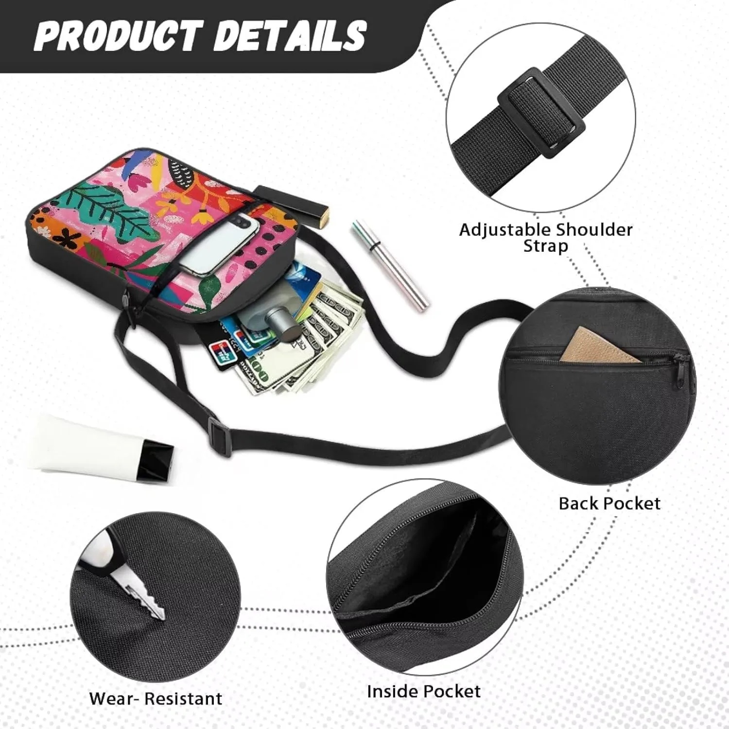 Abstract Geometry Practical Small Messenger Bag Trendy Crossbody Purse for Women Men Artists Painters for Traveling Shopping Daily Working Lightweight Canvas Satchel Coin Pouch