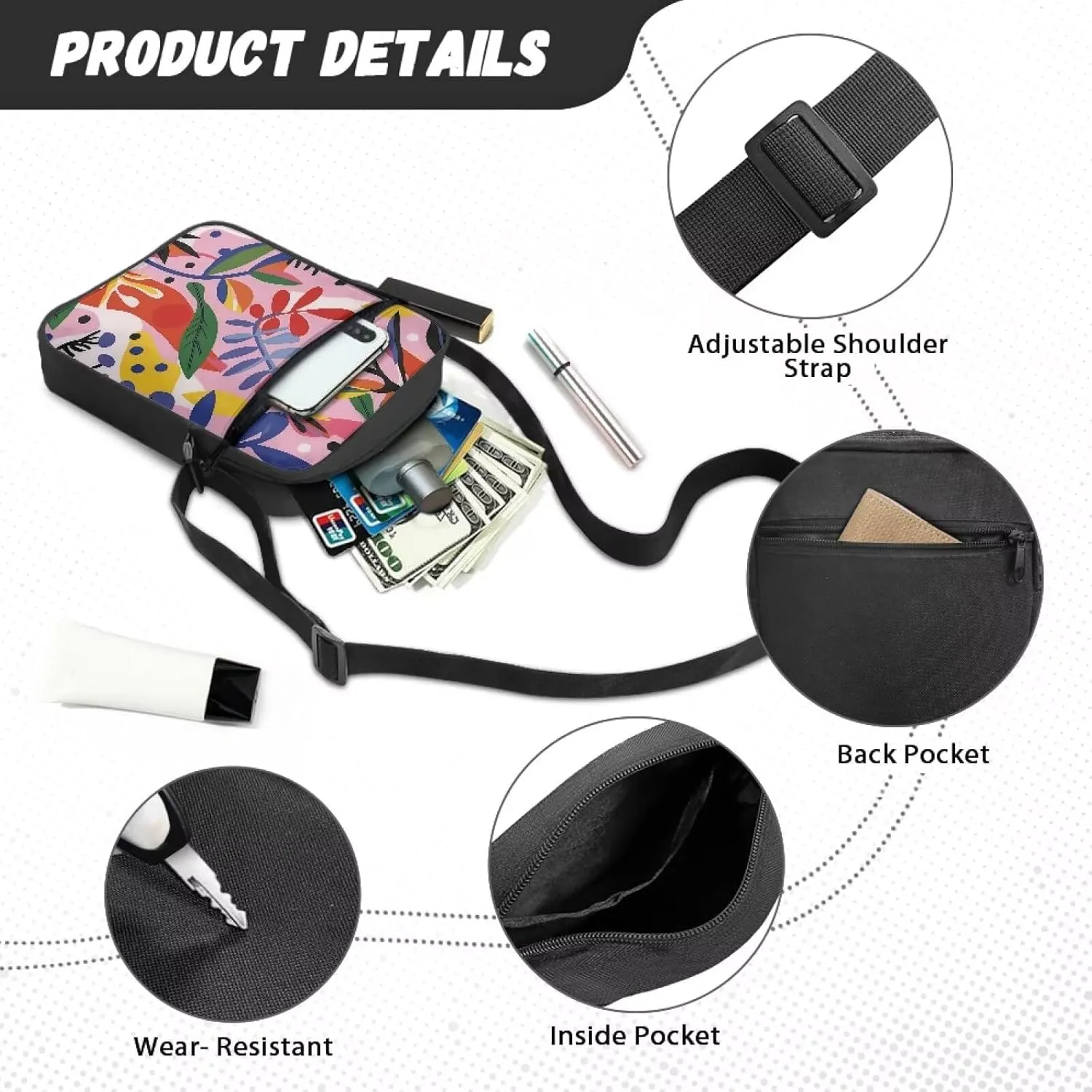 Abstract Geometry Small Messenger Bag Lightweight Crossbody Purse for Women Men Artists Painters Trendy for Exhibitions Travel Daily Working College Student Coin Cellphone Canvas Satchel Pouch
