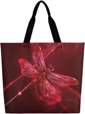 Abstract Red Dragonfly Tote Bag Large Women Casual Shoulder Bag Reusable Grocery Bag Fasion Handbag for Office Shopping Travel