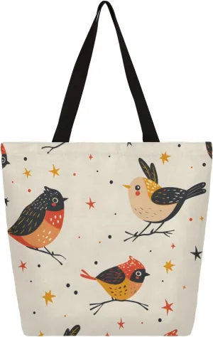 Abstraction Stars Birds Large Capacity Canvas Tote Bag Stylish Handheld Shoulder Bag Reusable Shopping Bag for Work Travel Beach Trips Shopping