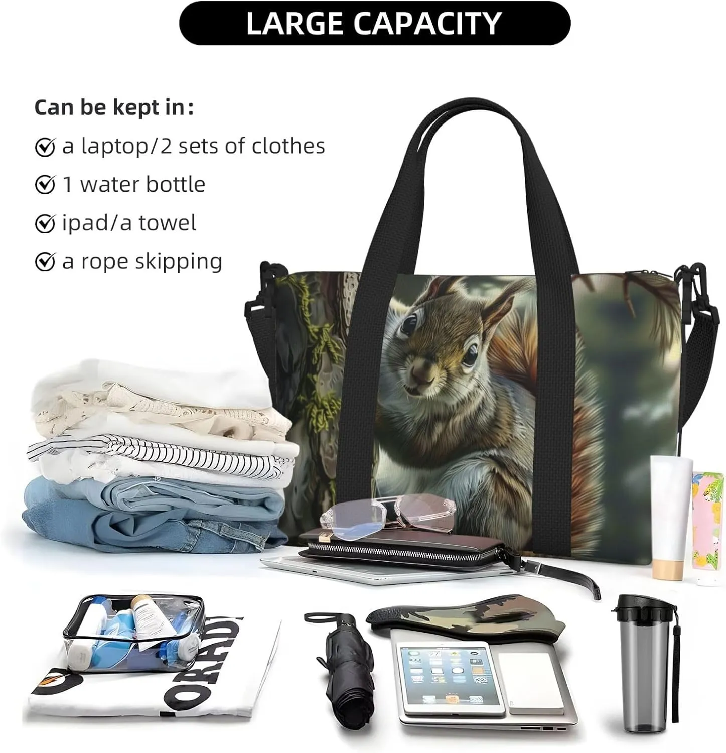 adorable squirrel print Travel Duffel Bag, Sports Tote Gym Bag, Swim Pool Bag Large Shoulder Tote Bag for Beach Weekender