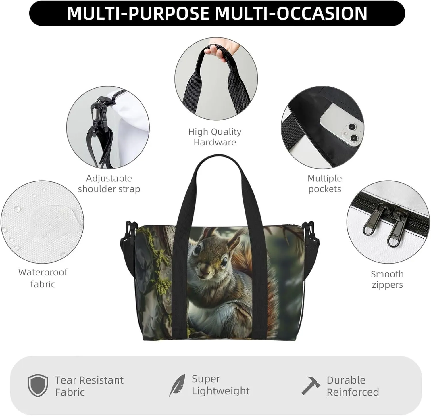 adorable squirrel print Travel Duffel Bag, Sports Tote Gym Bag, Swim Pool Bag Large Shoulder Tote Bag for Beach Weekender