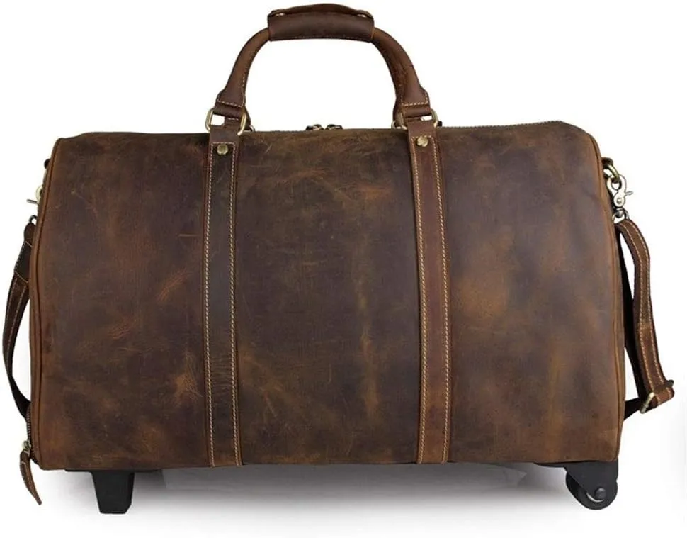 Adult Fashion Wheeled Luggage Travel Duffel Bag Rolling Suitcase Trolley Overnight Weekender Gym Tote Handbag Briefcase Sports Overnight Gym Luggage Weekend T(Brown,Crazy Horse Leather)