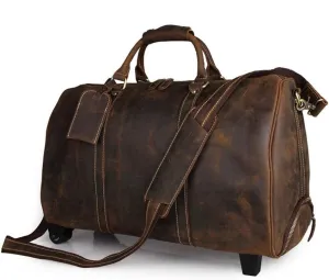 Adult Fashion Wheeled Luggage Travel Duffel Bag Rolling Suitcase Trolley Overnight Weekender Gym Tote Handbag Briefcase Sports Overnight Gym Luggage Weekend T(Brown,Crazy Horse Leather)