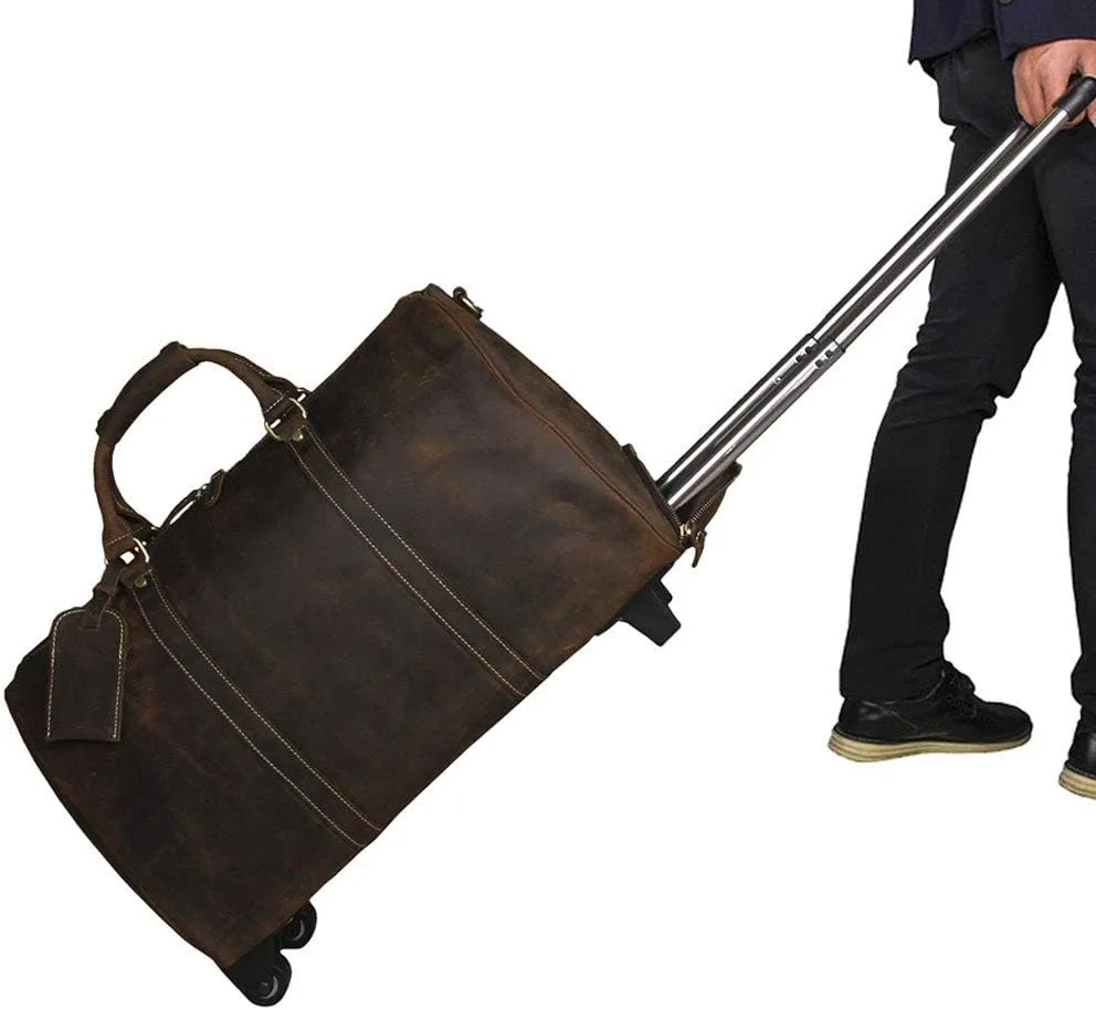 Adult Fashion Wheeled Luggage Travel Duffel Bag Rolling Suitcase Trolley Overnight Weekender Gym Tote Handbag Briefcase Sports Overnight Gym Luggage Weekend T(Brown,Crazy Horse Leather)