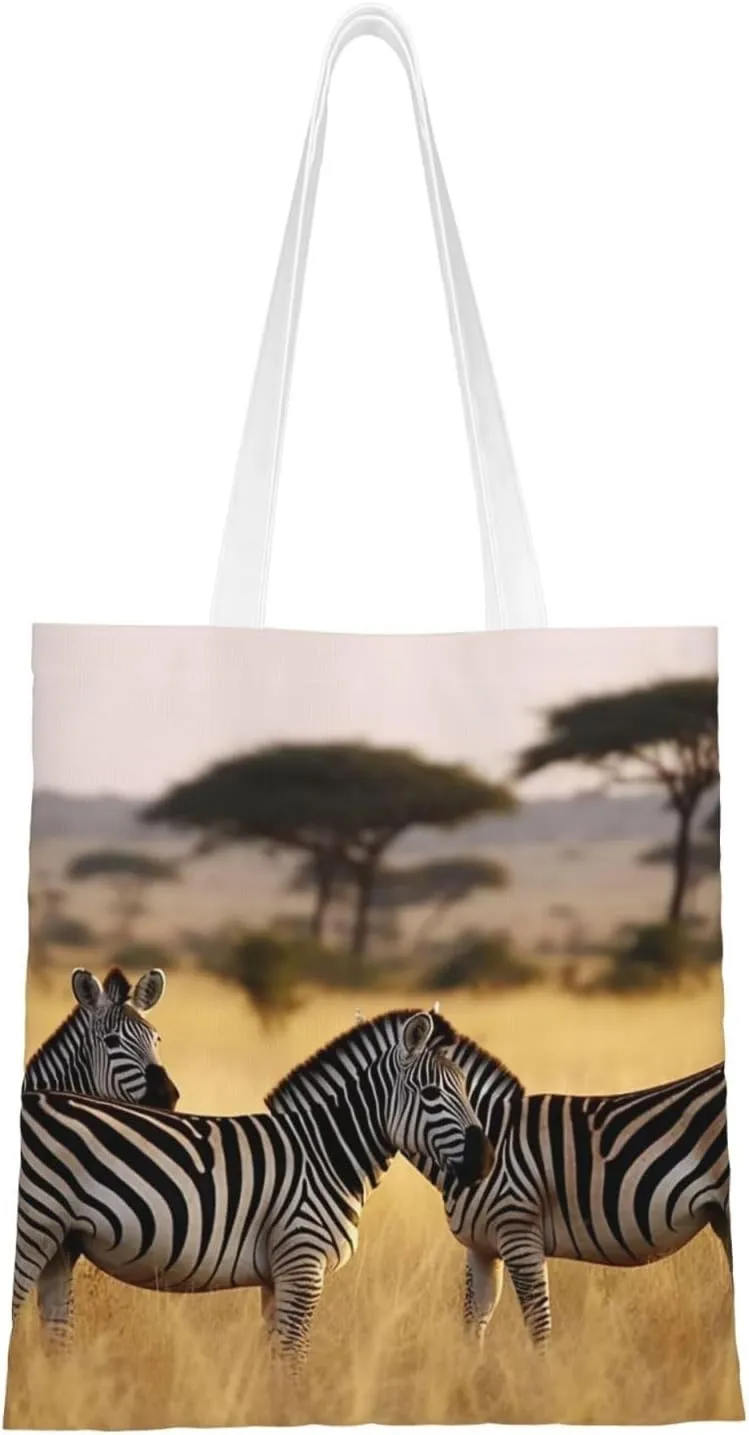 Africa Grassland Zebra Print Canvas Tote Bags Stylish Shoulder Bag Reusable Shopping Bag Small Handbags For Women Men