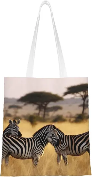 Africa Grassland Zebra Print Canvas Tote Bags Stylish Shoulder Bag Reusable Shopping Bag Small Handbags For Women Men