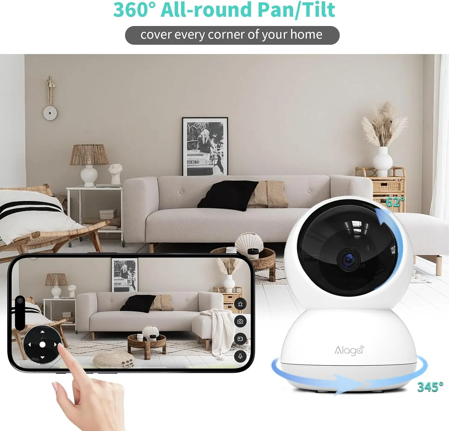 Alaga Indoor Security Camera,3K 5G and 2.4G WiFi, 360° Pan/Tilt, Human/Pet/Motion AI, Night Vision, Speaker, Indoor Camera with Phone App, Compatible with Alexa & Google Assistant，2-Pack White
