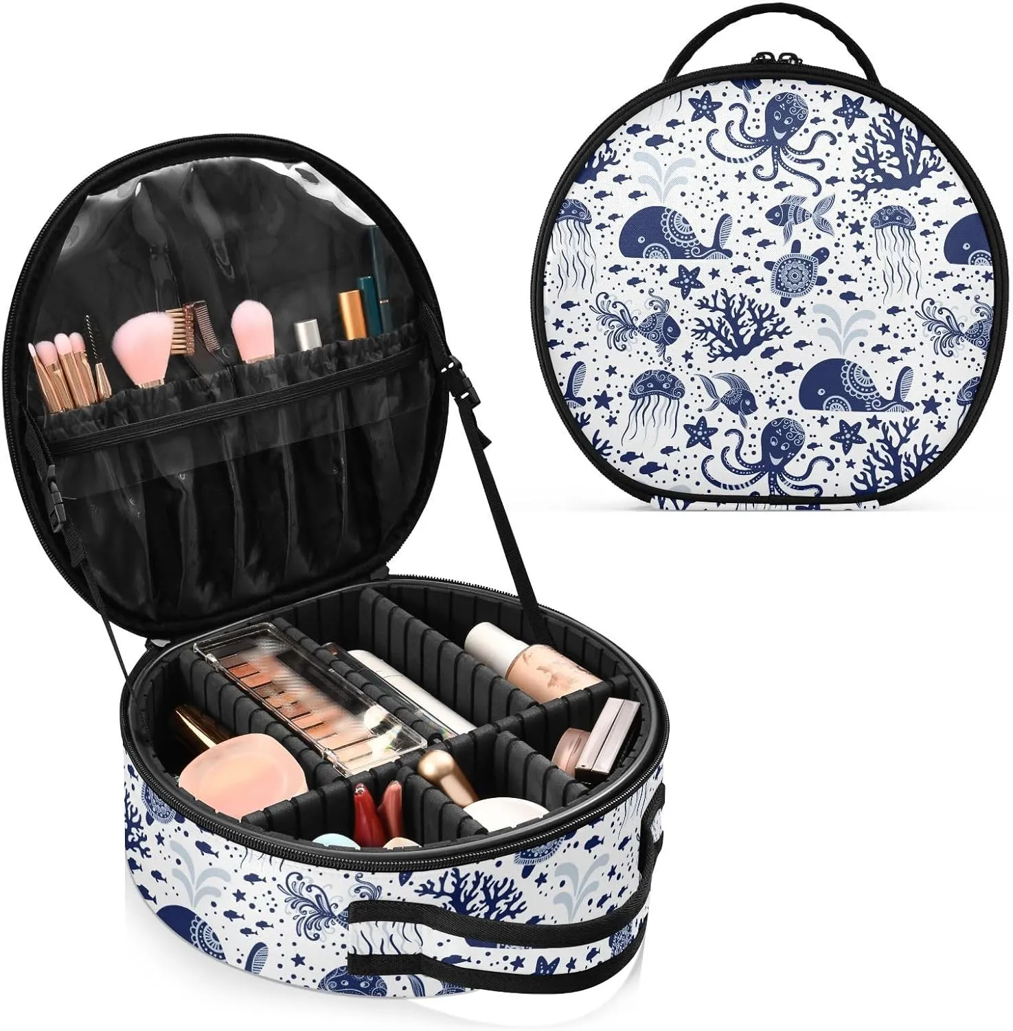 ALAZA Sea Underwater Animals Jellyfish Octopus Starfish Turtles Portable Cosmetic Bag Large Capacity Travel Makeup Case Organizer