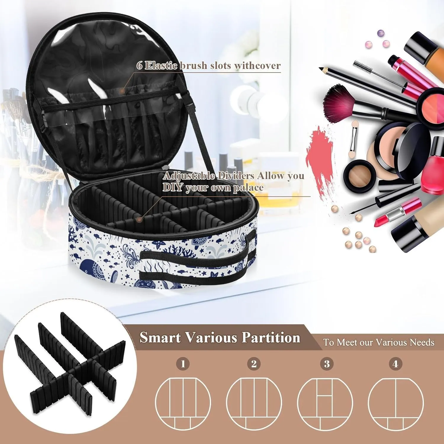 ALAZA Sea Underwater Animals Jellyfish Octopus Starfish Turtles Portable Cosmetic Bag Large Capacity Travel Makeup Case Organizer