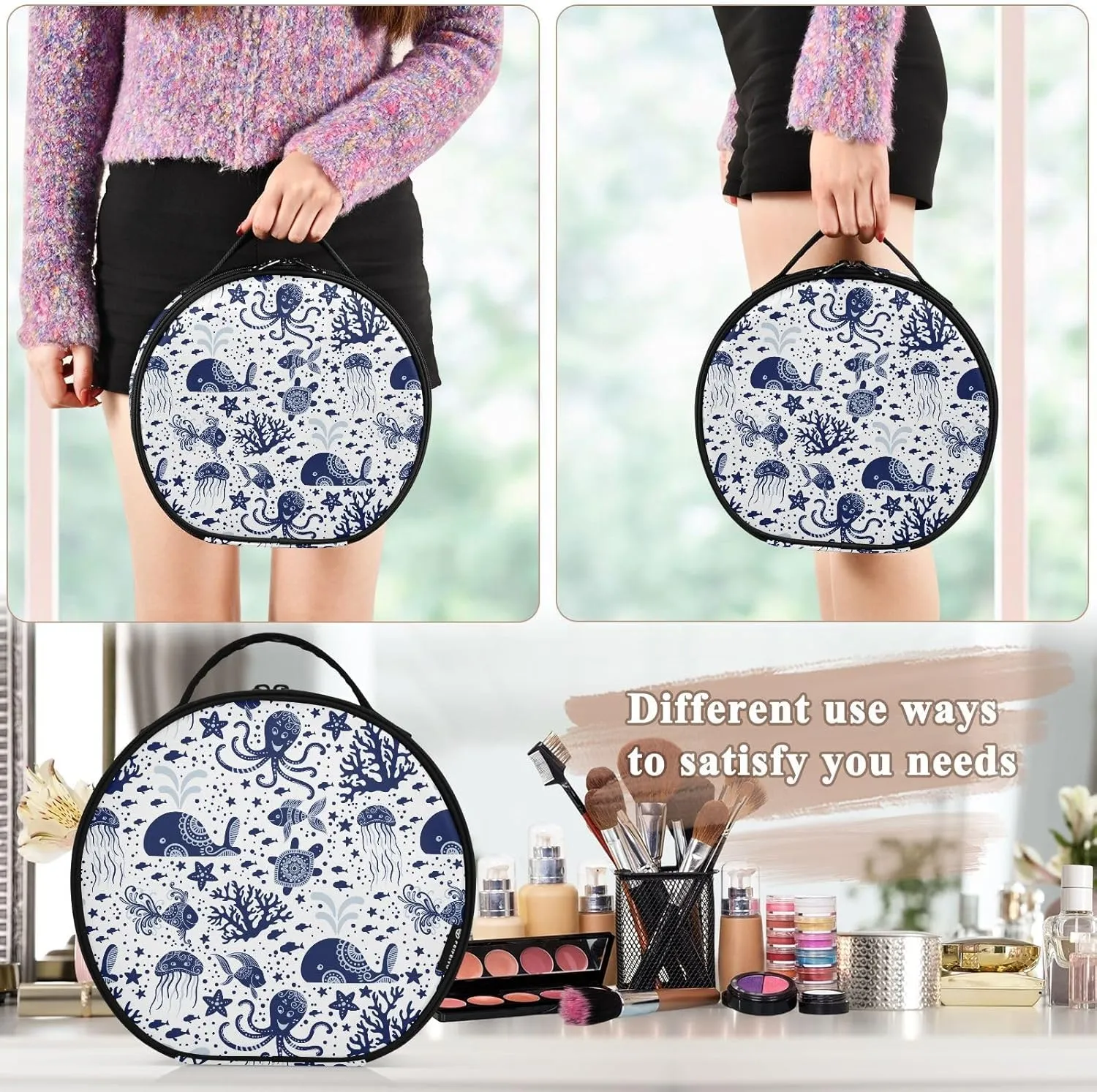 ALAZA Sea Underwater Animals Jellyfish Octopus Starfish Turtles Portable Cosmetic Bag Large Capacity Travel Makeup Case Organizer