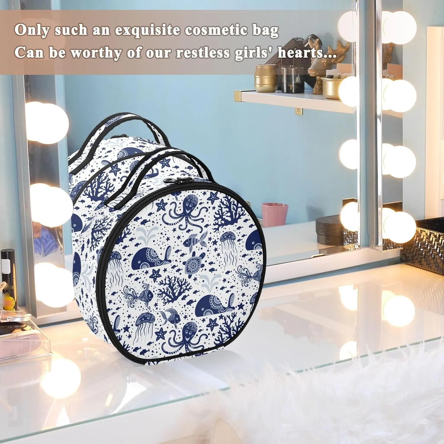 ALAZA Sea Underwater Animals Jellyfish Octopus Starfish Turtles Portable Cosmetic Bag Large Capacity Travel Makeup Case Organizer