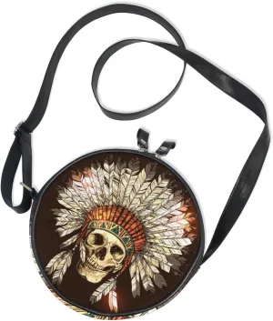 ALAZA Vintage Indian Chief Skull Round Crossbody Bag Circle Purse Messenger Bag