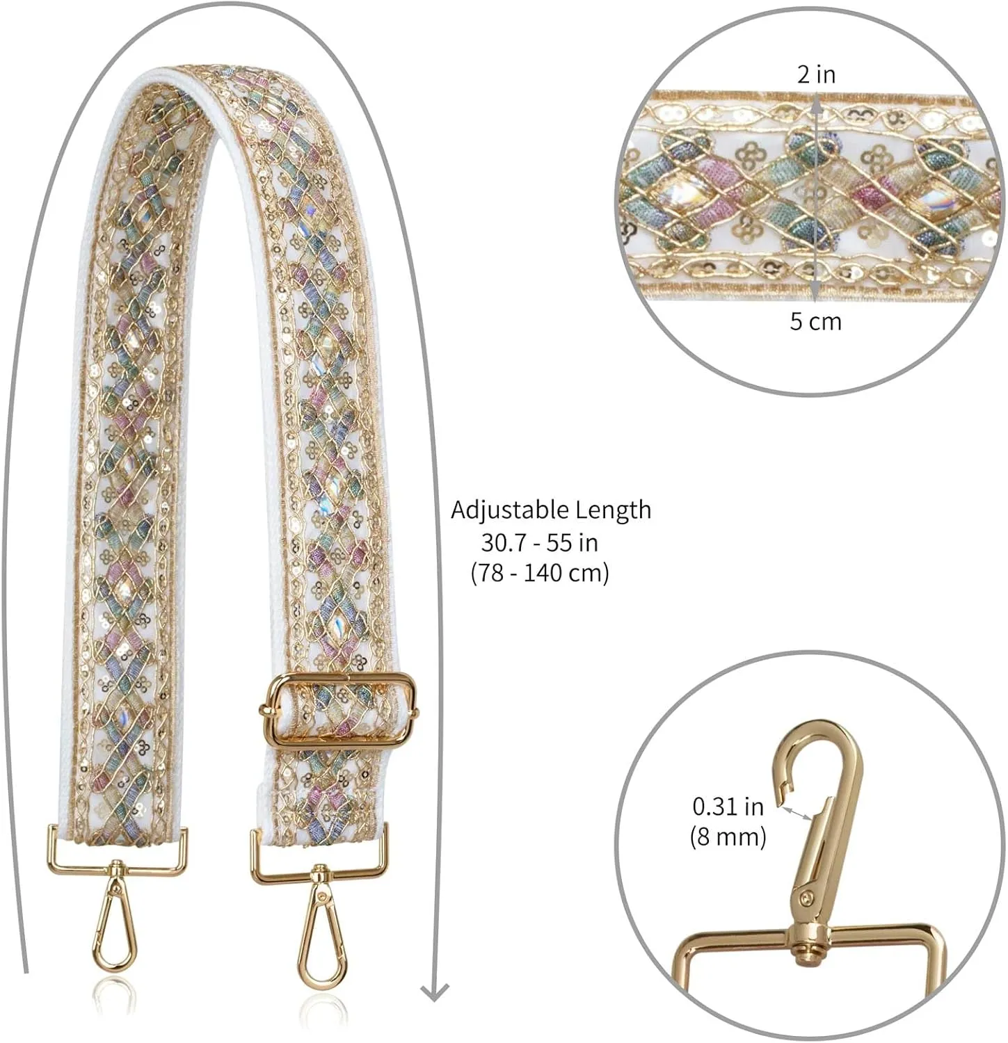ALLZEDREAM Purse Strap Crossbody Replacement Handbag Shoulder Bag 2" Wide Adjustable Embroidered Lace Sequins