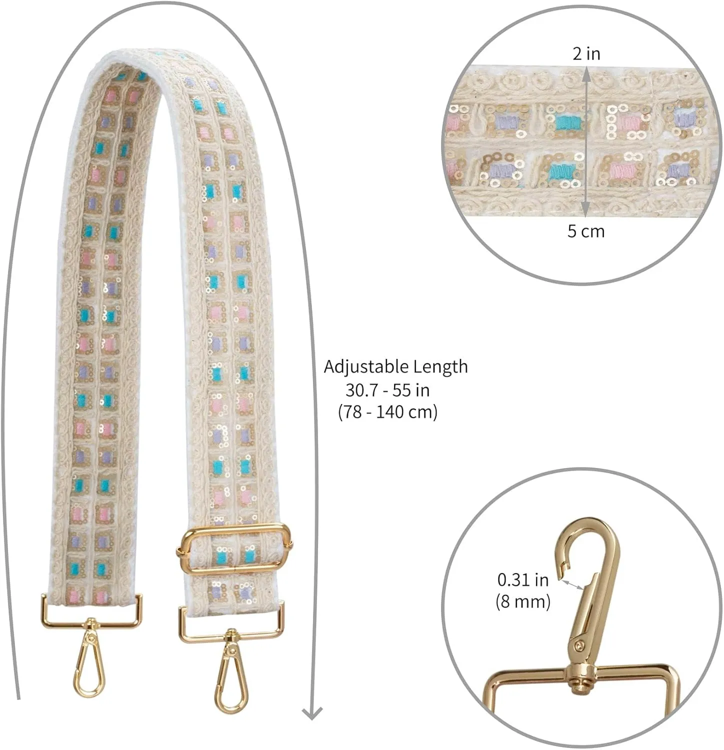 ALLZEDREAM Purse Strap Crossbody Replacement Handbag Shoulder Bag 2" Wide Adjustable Embroidered Lace Sequins