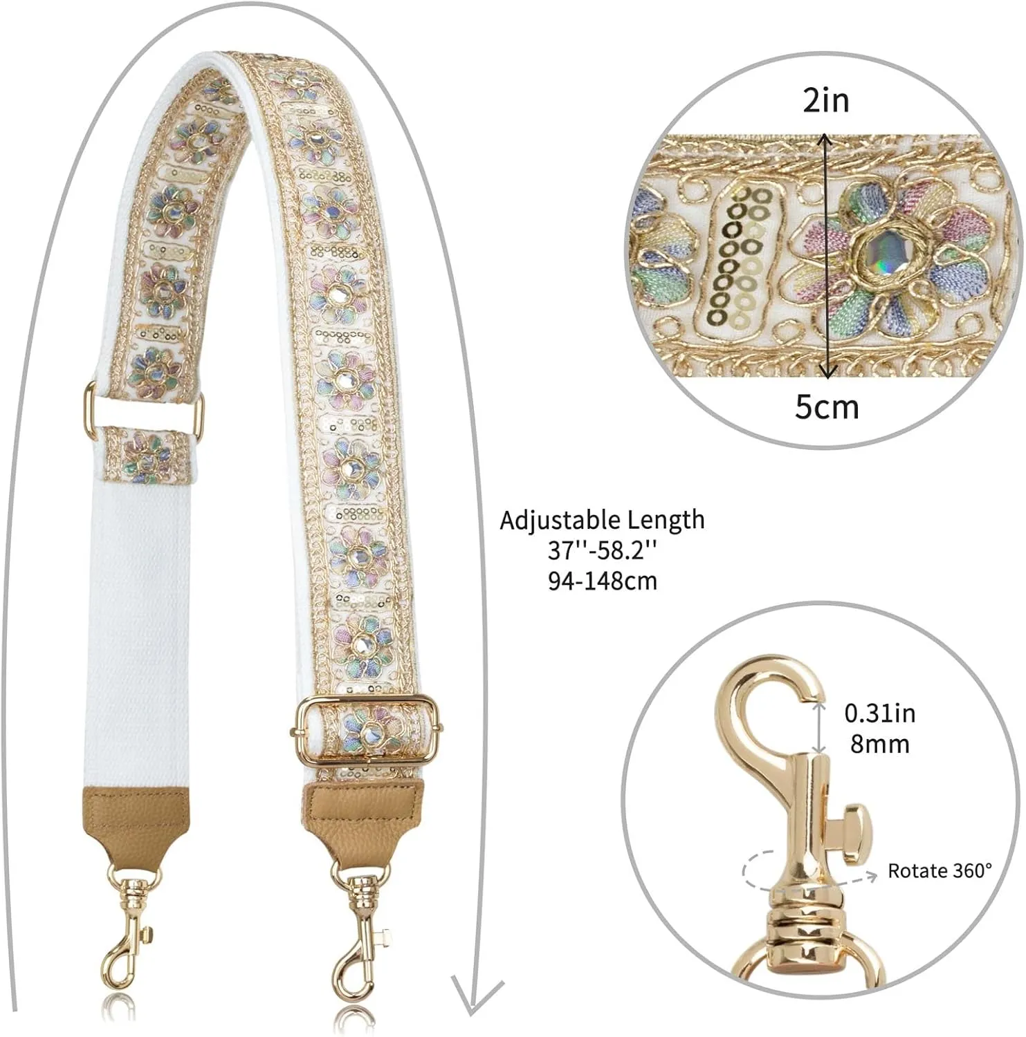 ALLZEDREAM Purse Strap Crossbody Replacement Handbag Shoulder Bag 2" Wide Adjustable Lace Sequins Genuine Leather Ends