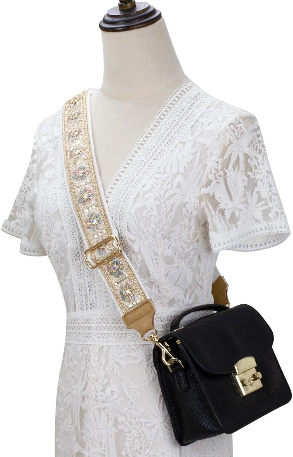 ALLZEDREAM Purse Strap Crossbody Replacement Handbag Shoulder Bag 2" Wide Adjustable Lace Sequins Genuine Leather Ends