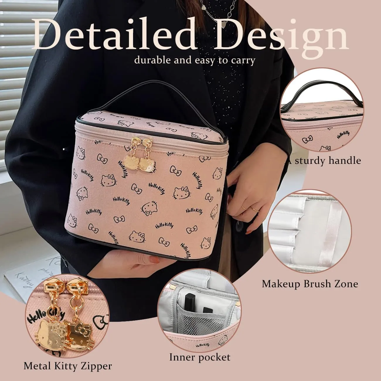 AmBealla Make up Bag Travel Cosmetic Bags Brush Holder Zipper Pouch Case Organizer Cute Organizer Suitable for Purse for Women (Light Pink Bucket Bag)