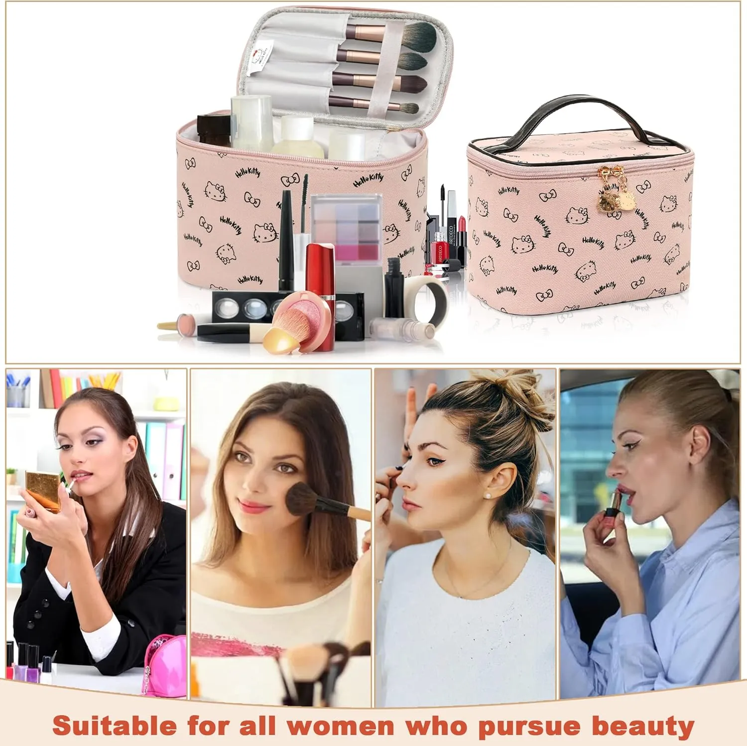 AmBealla Make up Bag Travel Cosmetic Bags Brush Holder Zipper Pouch Case Organizer Cute Organizer Suitable for Purse for Women (Light Pink Bucket Bag)