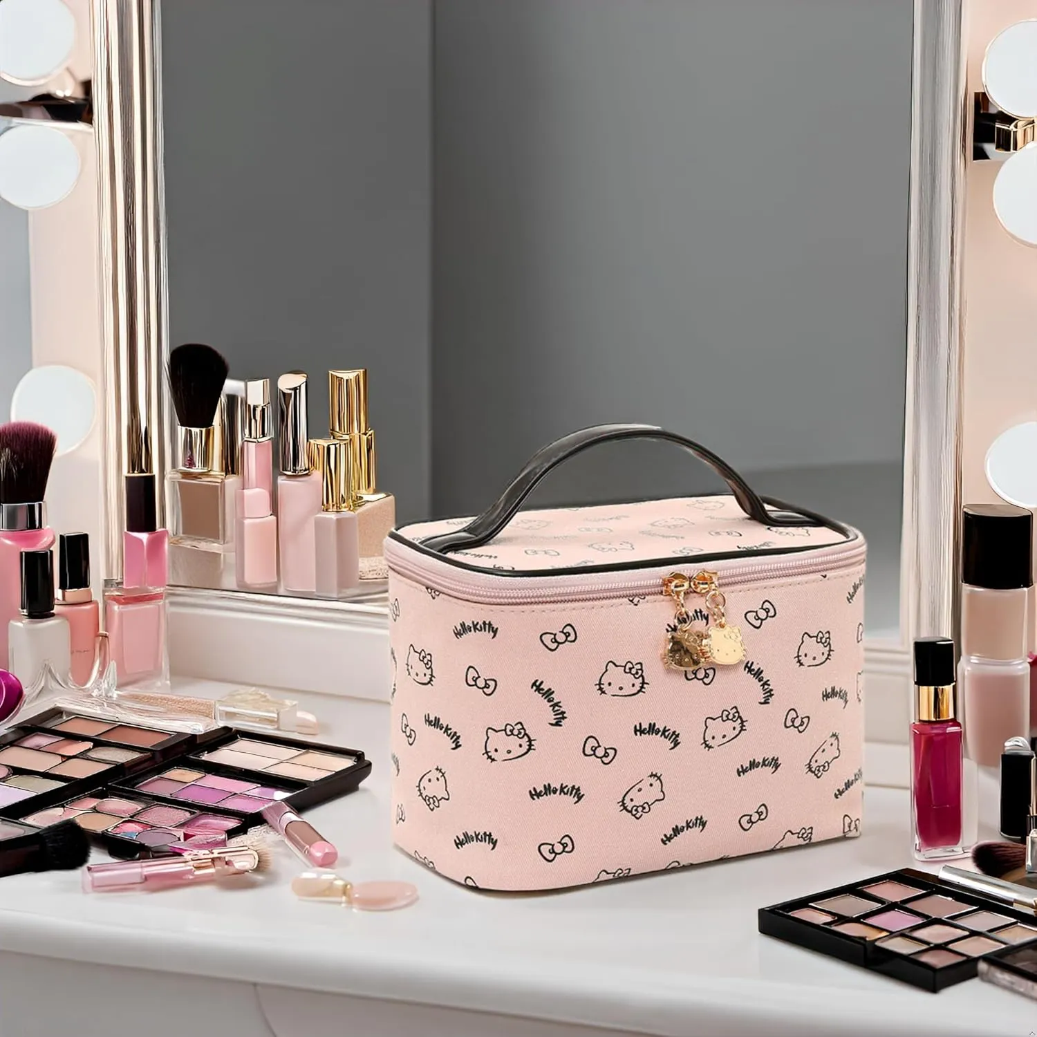 AmBealla Make up Bag Travel Cosmetic Bags Brush Holder Zipper Pouch Case Organizer Cute Organizer Suitable for Purse for Women (Light Pink Bucket Bag)