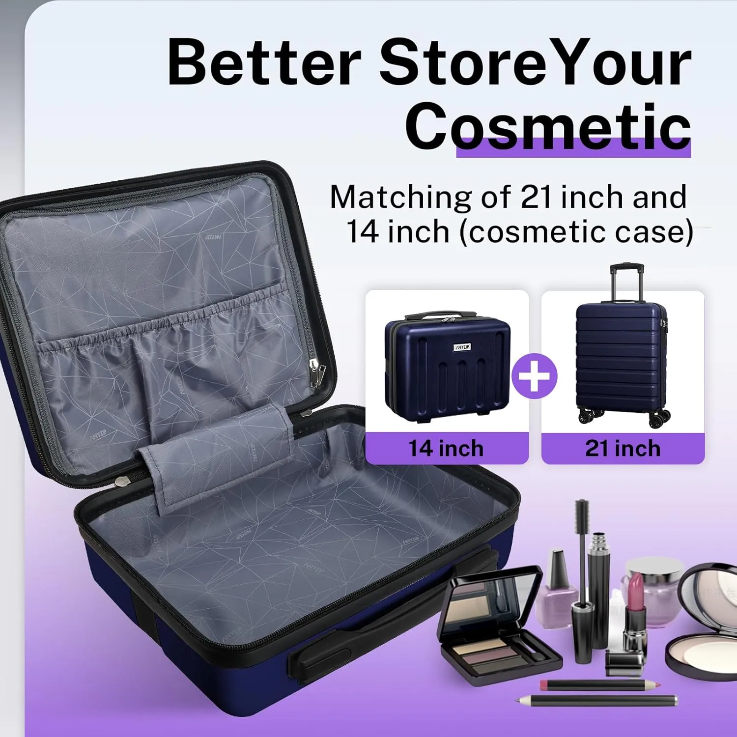 AnyZip 21" Carry On Luggage and 14" Mini Cosmetic Cases Luggage Set Hardside PC ABS Lightweight USB Suitcase with Wheels TSA for kids (2-Piece Set (14/21),DarkBlue)